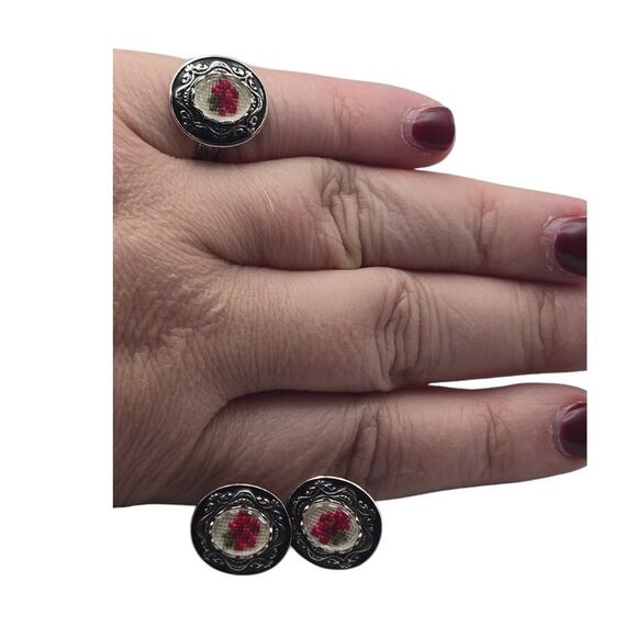 Vintage Petit Point Embroidered Rose Ring & Earring Set - Picture 3 of 8